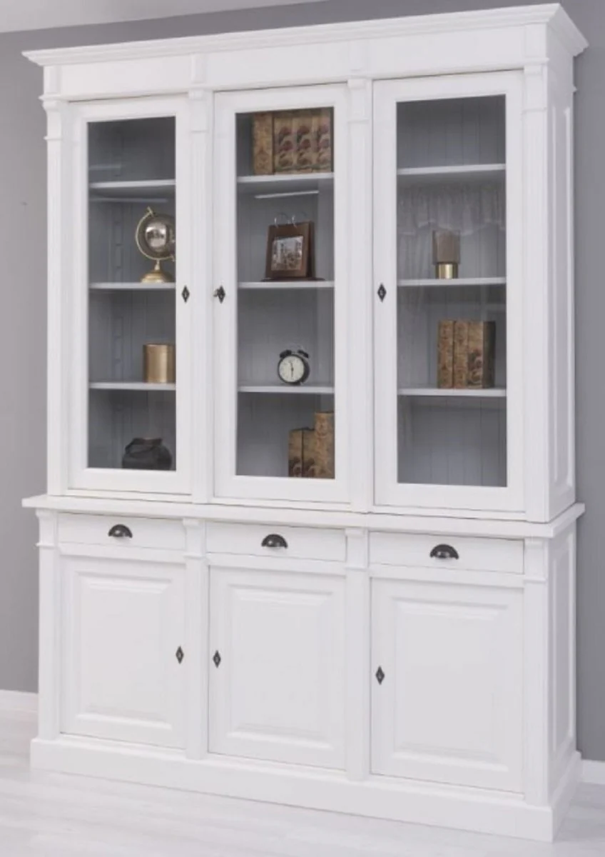 Casa Padrino armario de libros de estilo campestre blanco / gris 183 x 51 x A. 240 cm - Armario de Sala de Estar de Madera Maciza - Armario de Oficina - Muebles de Estilo Campestre