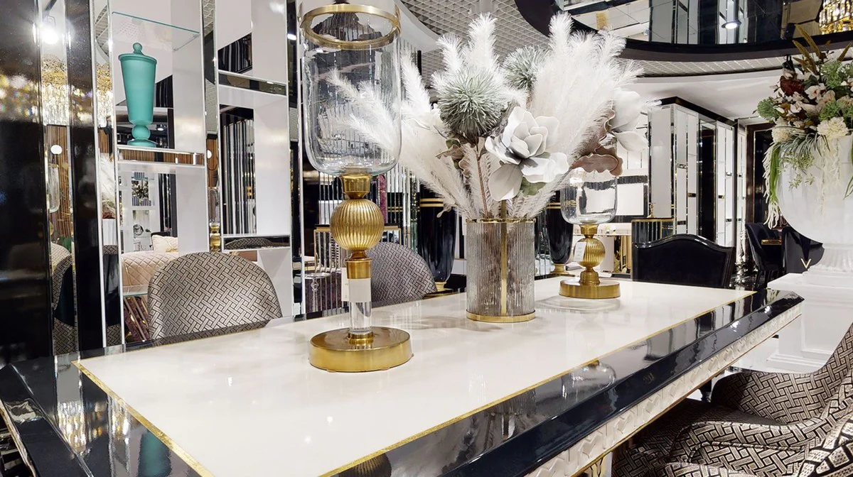 Casa Padrino mesa de comedor Art Deco de lujo blanco / negro / oro - Mesa de Comedor Art Deco - Muebles de Comedor Art Deco - Calidad de Lujo