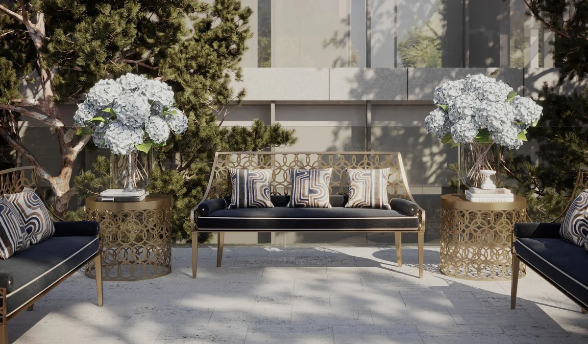 Casa Padrino banco de lujo gris / blanco / oro 150 x 50 x A. 89 cm - Banco hecho a mano con almohadas - Banco de Jard¨ªn y Terraza - Muebles de Hotel - Calidad de Lujo