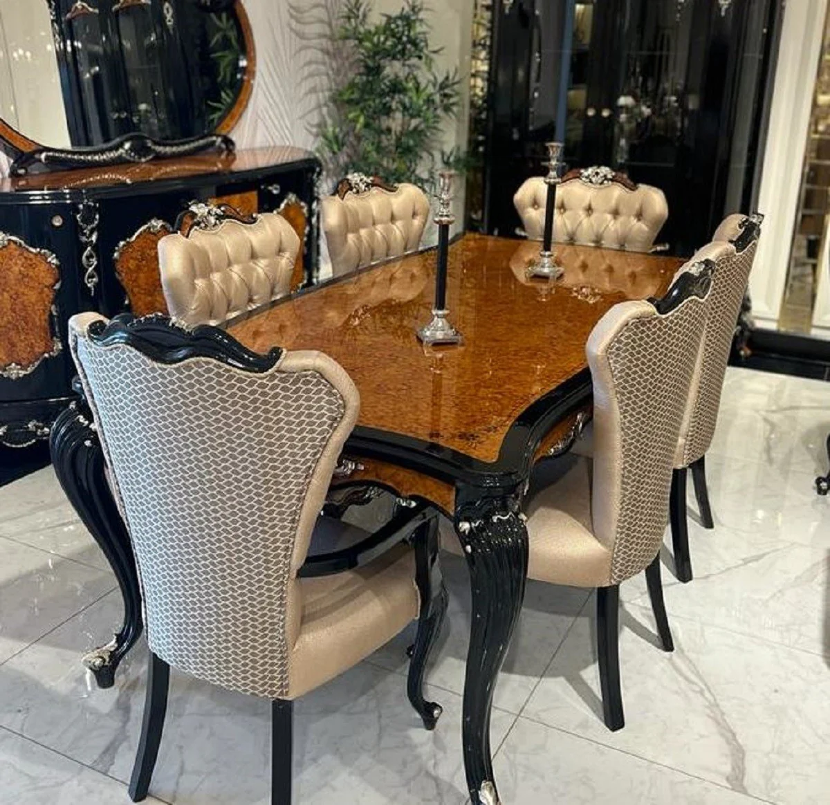 Casa Padrino conjunto de comedor barroco de lujo oro / marr¨®n / negro / plata - 1 Mesa de Comedor Barroco y 6 Sillas de Comedor Barroco - Muebles de comedor barrocos - Noble y Magn¨ªfico