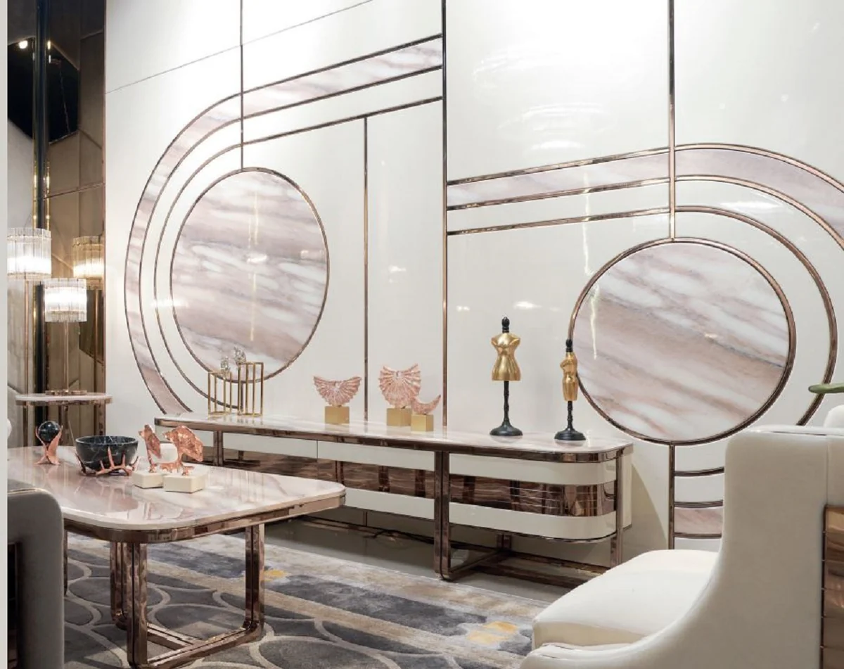 Casa Padrino gabinete de TV de lujo crema / blanco / cobre 230 x 54,5 x A. 55 cm - Aparador de madera maciza con 4 cajones - Muebles de salón - Muebles de hotel - Muebles de lujo - Muebles de lujo