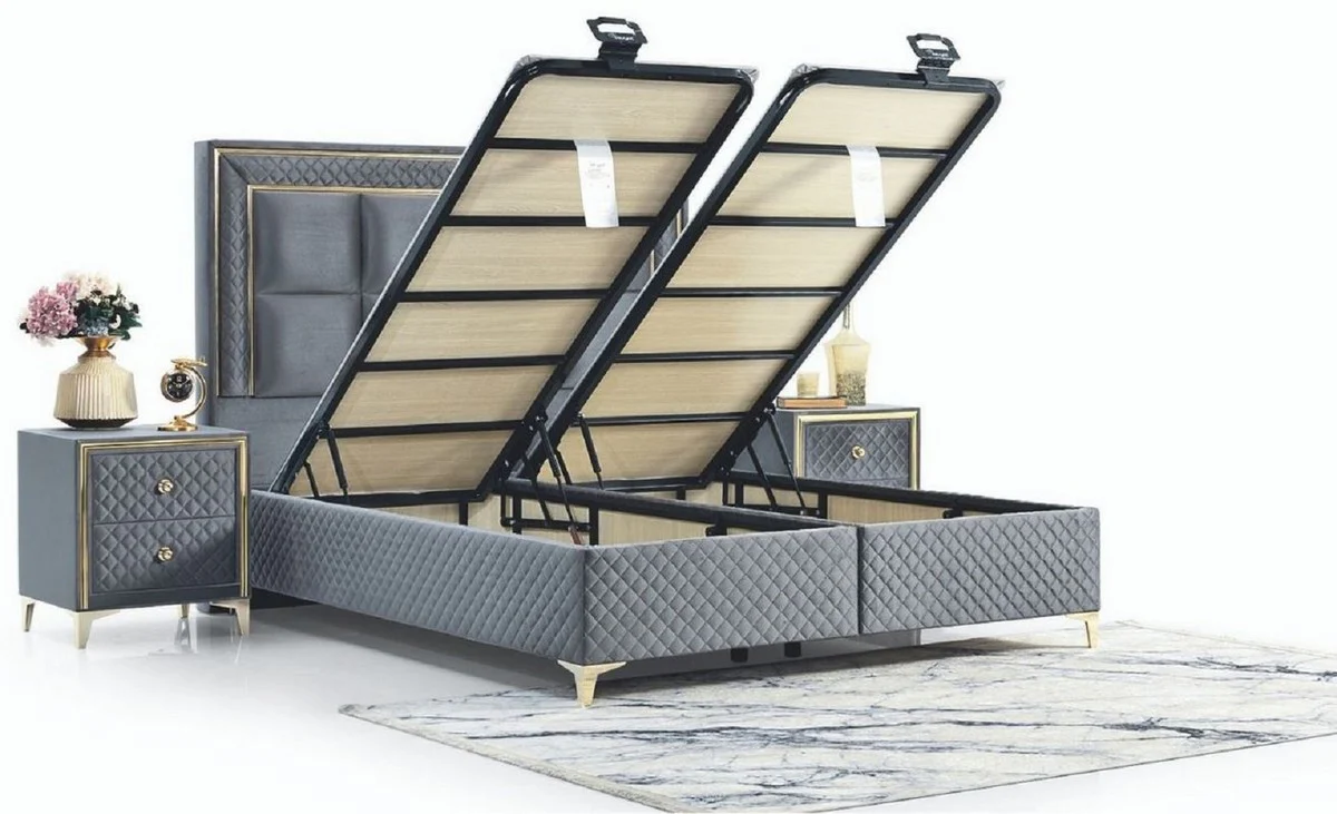 Casa Padrino cama doble de lujo gris / oro - Cama moderna de madera maciza - Muebles de Dormitorio y de Hotel Moderno - Colección de Lujo