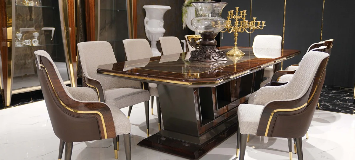 Casa Padrino Conjunto de Comedor de Lujo Gris / Marr¨®n / Oro - 1 Mesa de Comedor & 10 Sillas de Comedor - Muebles de Comedor de Lujo - Calidad de Lujo