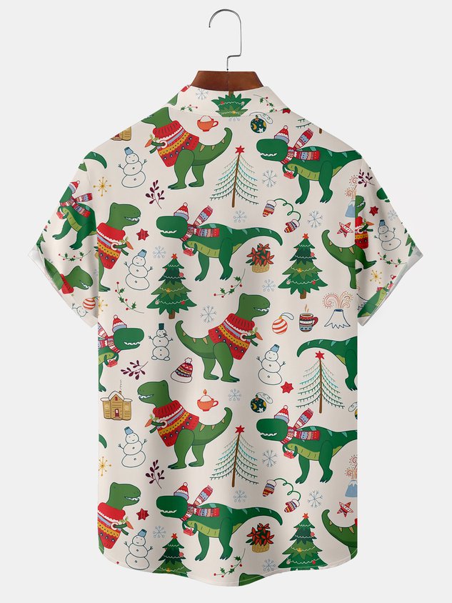 Men's Christmas Dinosaur Print Short Sleeve Hawaiian Shirt with Chest Pocket