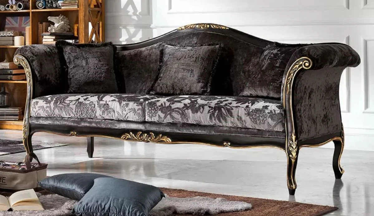 Casa Padrino sof¨¢ barroco de lujo gris / negro / oro - Sof¨¢ de sal¨®n noble con patr¨®n elegante - Muebles Barrocos - Calidad de Lujo - Hecho en Italia
