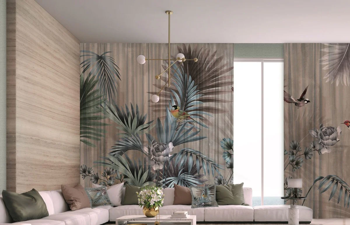 Casa Padrino conjunto de cortinas de lujo plantas y pájaros multicolor 250 x A. 290 cm - Cortinas de lino y terciopelo estampadas - Cortinas de ojales - Cortinas correderas - Colección de Lujo