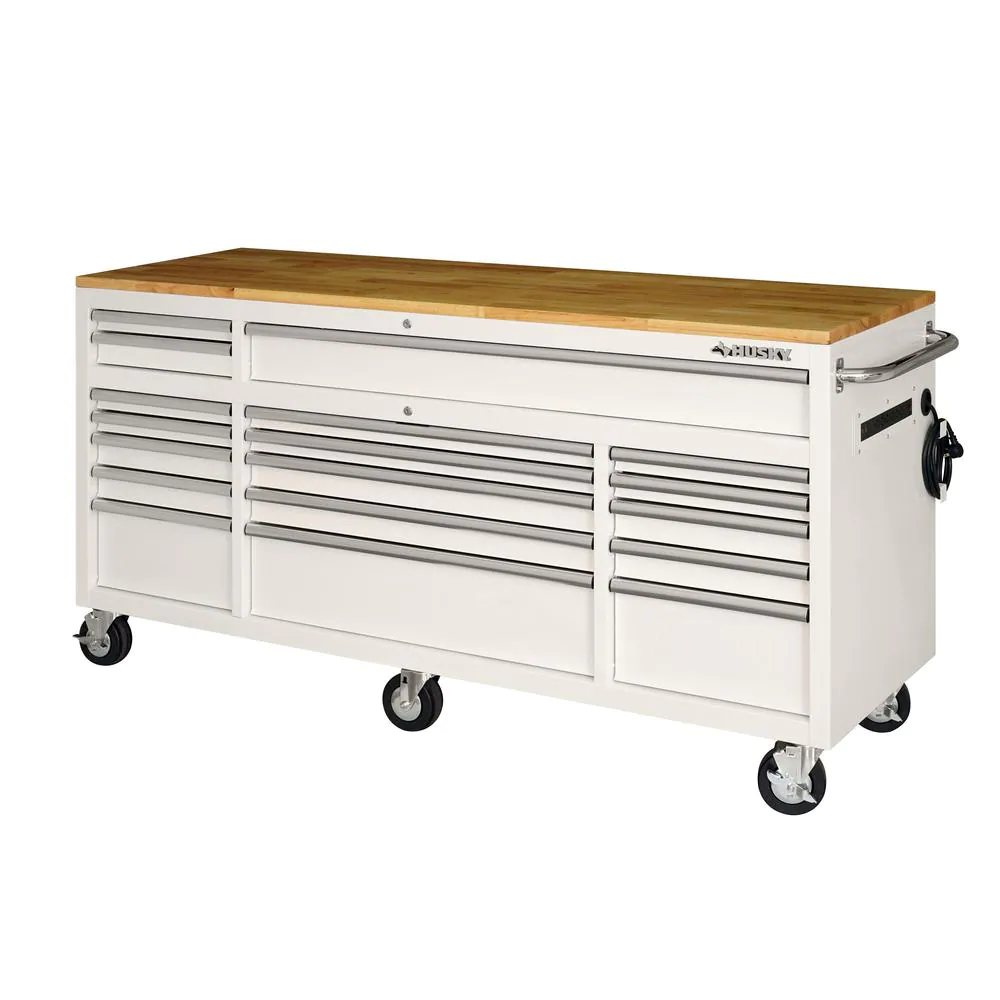72 IN. 18-DRAWER MOBILE WORKBENCH WITH SOLID WOOD TOP IN GLOSS WHITE