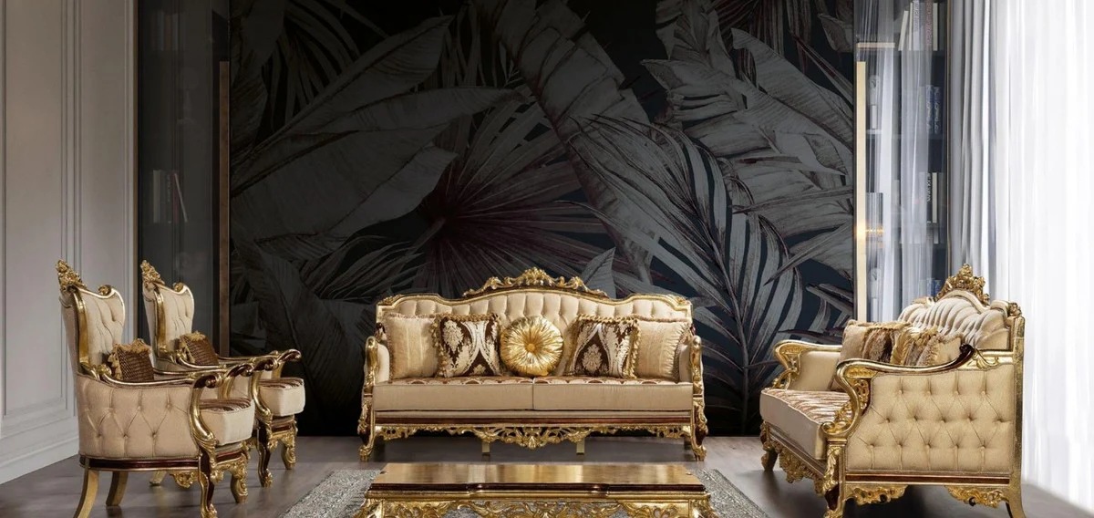 Casa Padrino conjunto de sala de estar barroco de lujo beige / marr¨®n / oro - 2 Sof¨¢s Barrocos con Patr¨®n y 2 Sillones Barrocos con Patr¨®n y 1 Mesa de Centro Barroco - Muebles de sal¨®n barrocos