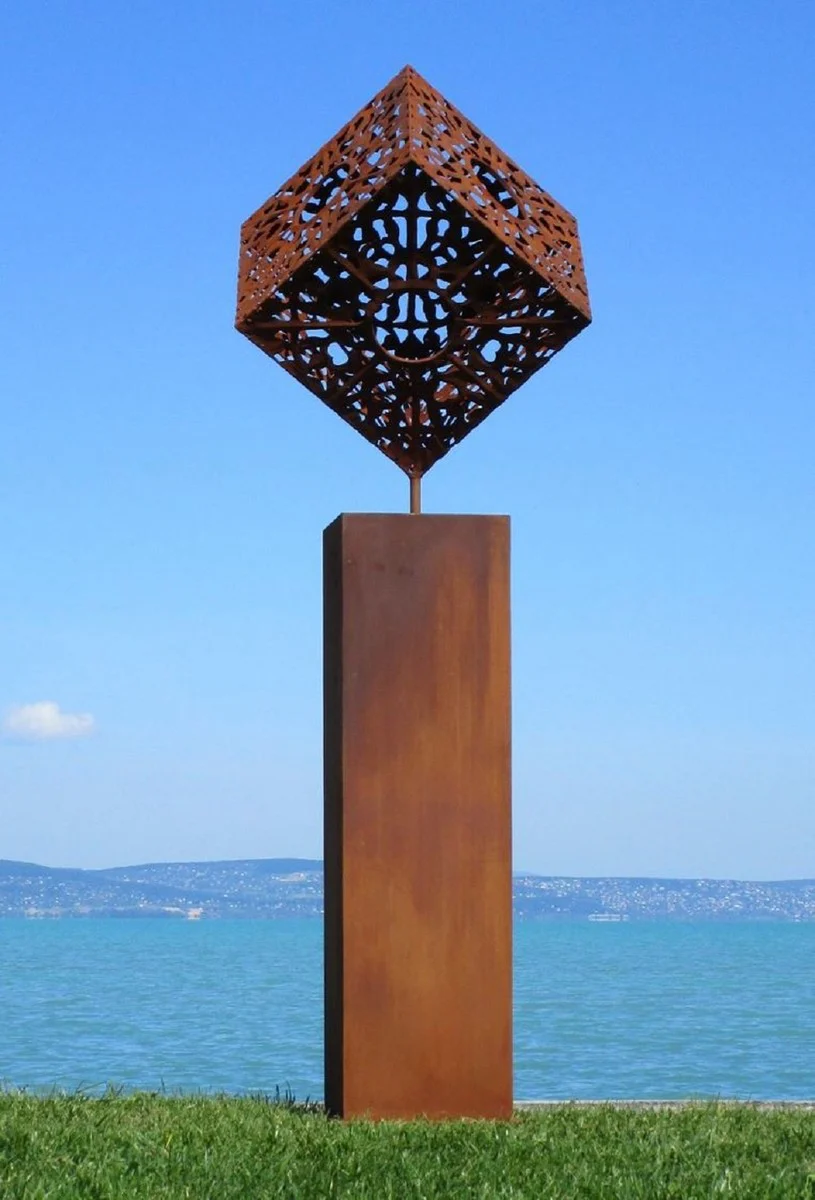 Casa Padrino escultura de metal de decoraci¨®n de jard¨ªn XXL cubo sobre columna ¨®xido A. 216 cm