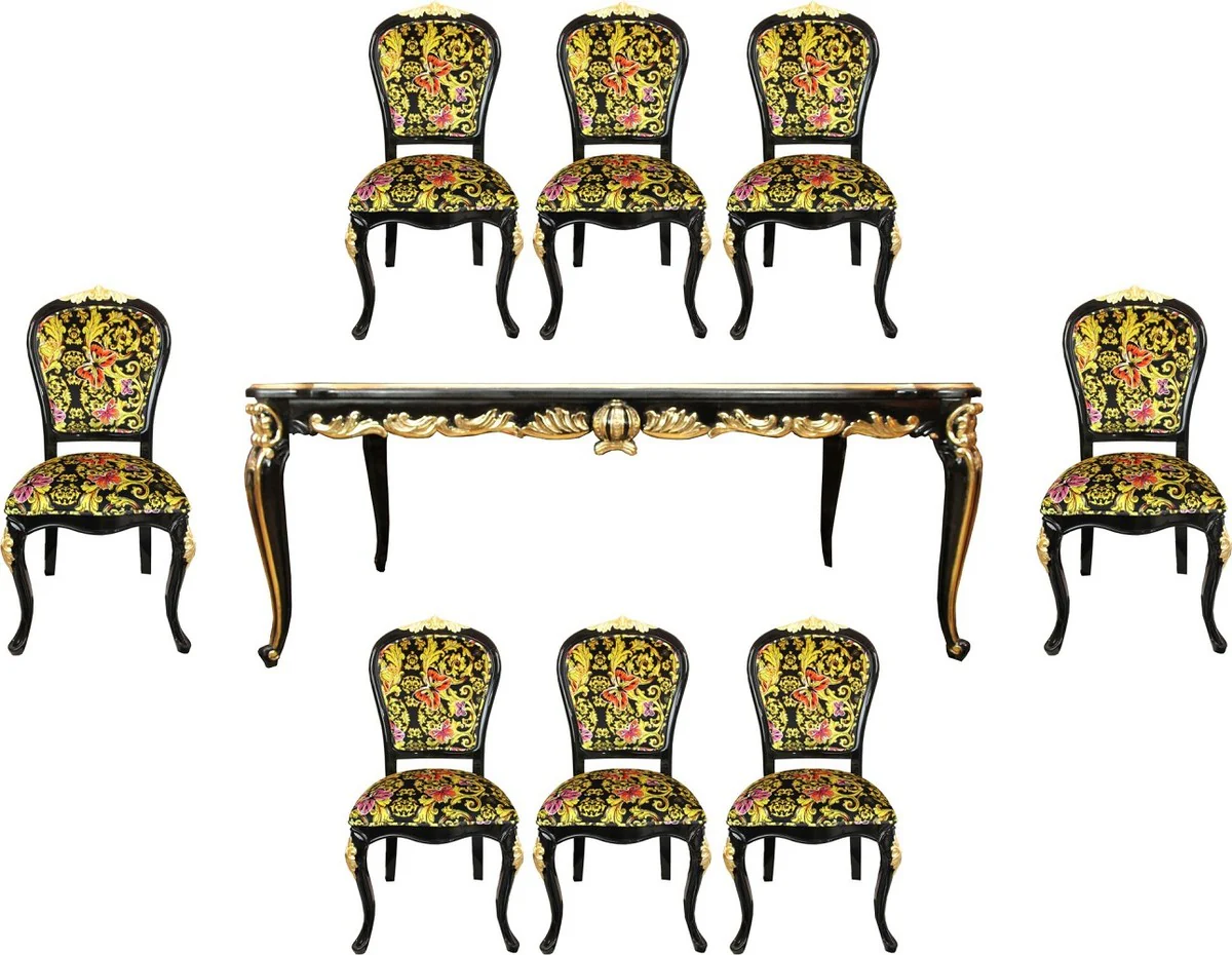 Pomp??s by Casa Padrino Conjunto de Comedor Barroco de Lujo Mariposas y Flores - Pomp??s Mesa de Comedor Barroco con Tapa de Cristal y 8 Sillas Dise?adas por Harald Gl??ckler - Muebles Barroco