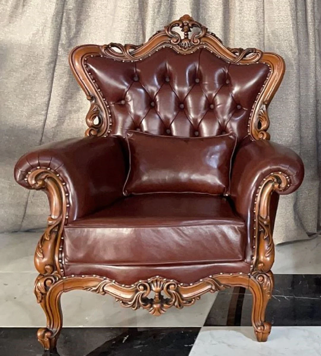 Casa Padrino sill¨®n de cuero barroco de lujo marr¨®n oscuro / marr¨®n - Sill¨®n de cuero genuino de la sala de estar con coj¨ªn decorativa - Muebles de sala de estar de lujo en estilo barroco