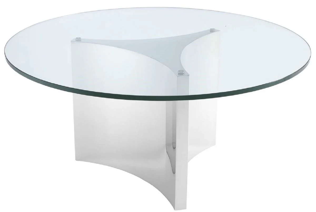 Casa Padrino mesa de centro de lujo blanco / plata ? 104 x A. 46,5 cm - Mesa de sal¨®n redonda de acero inoxidable con tapa de vidrio y 3 taburetes elegantes - Muebles de sala - Muebles de lujo