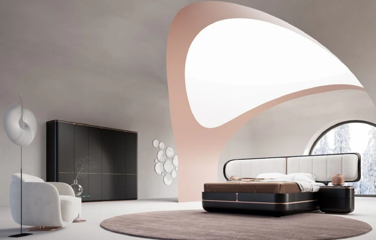 Casa Padrino Cama Doble de Lujo Gris / Negro / Cobre 330 x 215 x A. 120 cm - Cama de Madera Maciza con Cabecero Tapizado - Muebles Dormitorio - Muebles Hotel - Muebles de Lujo