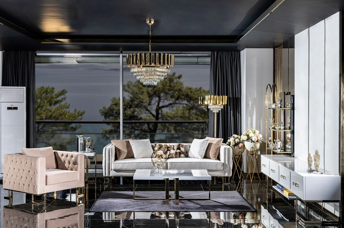 Casa Padrino mesa de centro de lujo blanco / oro 120 x 80 x A. 45 cm - Mesa de sal¨®n rectangular con tablero de madera maciza y patas de metal - Muebles de sal¨®n - Muebles de lujo