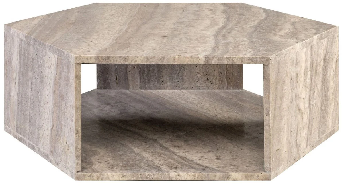 Casa Padrino mesa de centro de lujo gris 91 x 79 x A. 30 cm - Mesa de sal¨®n de piedra natural de travertino de 6 esquinas - Muebles de sal¨®n - Muebles de travertino - Muebles de lujo