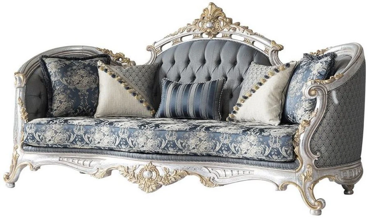 Casa Padrino sof¨¢ de sal¨®n barroco de lujo con cojines decorativos gris / azul / plata / oro 250 x 95 x A. 125 cm - Noble & Magn¨ªfico