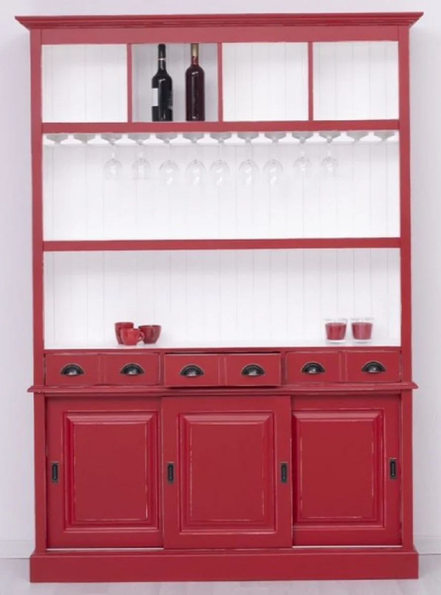 Casa Padrino armario de bar de madera maciza de estilo campestre rojo antiguo / blanco 151 x 36 x A. 210 cm - Gabinete de vino de madera maciza estilo campestre - Mueble bar de estilo campestre