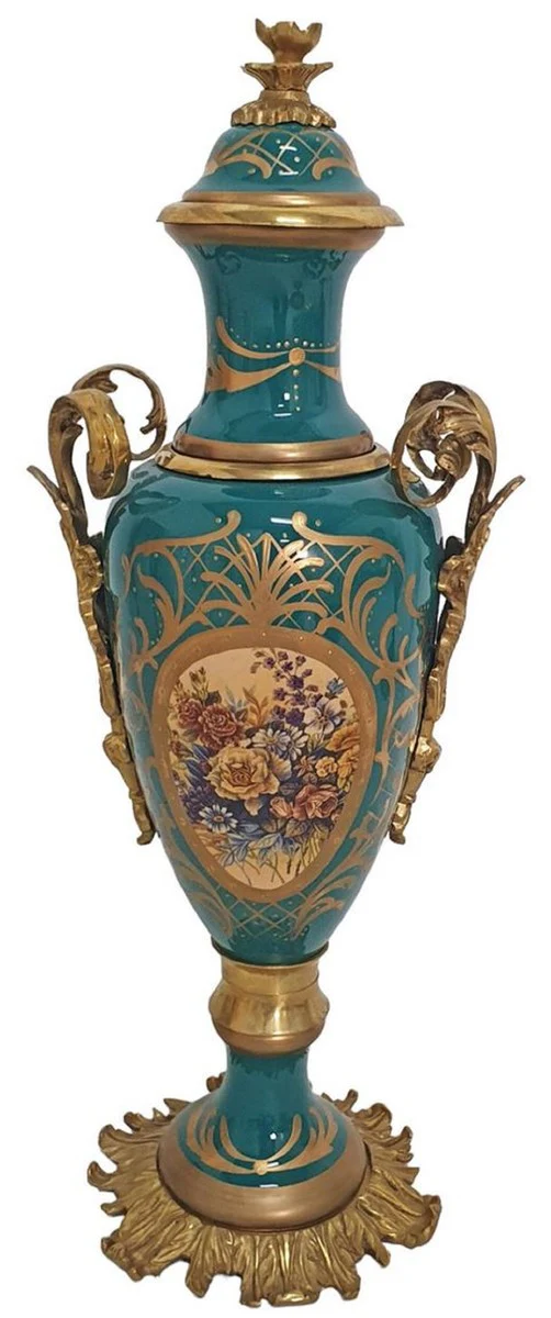 Casa Padrino conjunto de jarrones barrocos de cerámica decorativa con cuenco verde / multicolor / latón - Magnífica decoración estilo barroco - Accesorios decorativos barrocos - Muebles barrocos