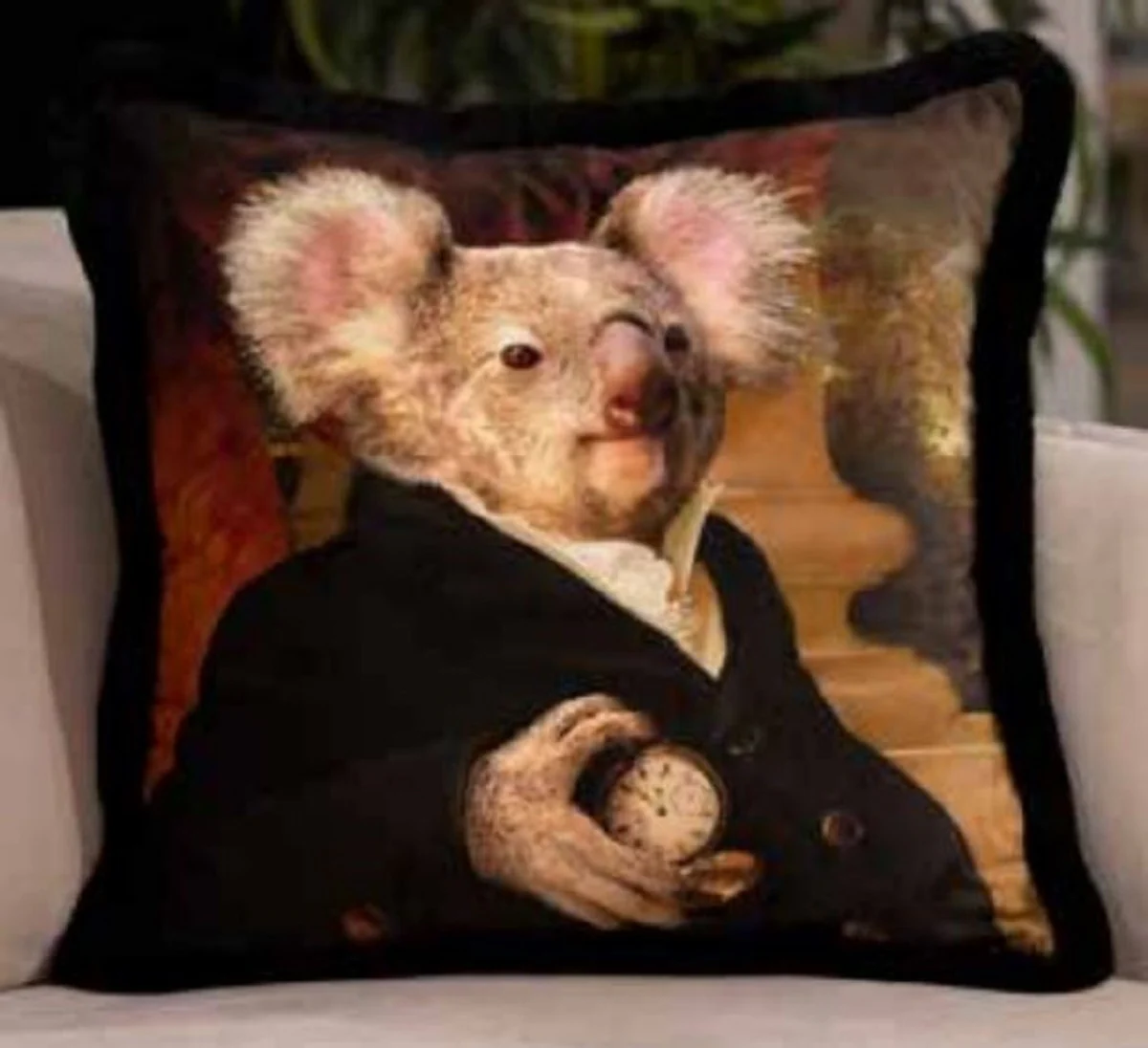 Casa Padrino almohada decorativa de lujo señor oso koala multicolor / negro 45 x 45 cm - Almohada de terciopelo estampada con flecos - Calidad de Lujo