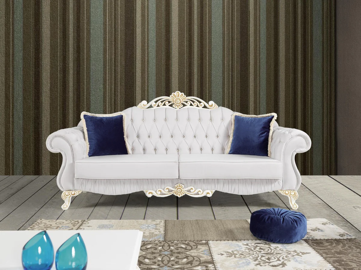 Casa Padrino conjunto de sala de estar barroco gris claro / blanco / crema / oro - 2 Sof¨¢s y 2 Sillones y 1 Mesa de Centro - Muebles de sal¨®n nobles de estilo barroco