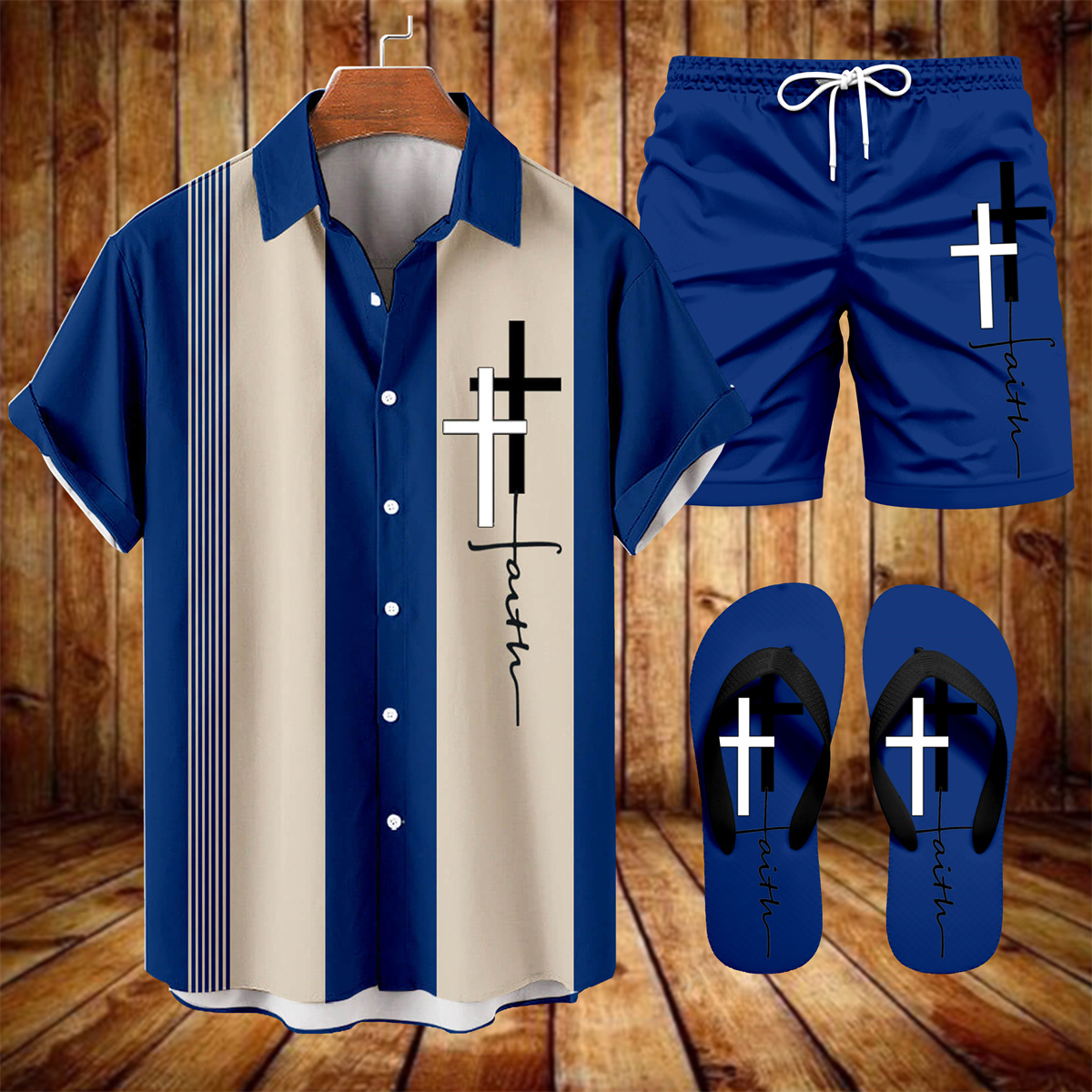 Suitmens Men's Hawaii Vacations Print Shirt Three-Piece Set 057