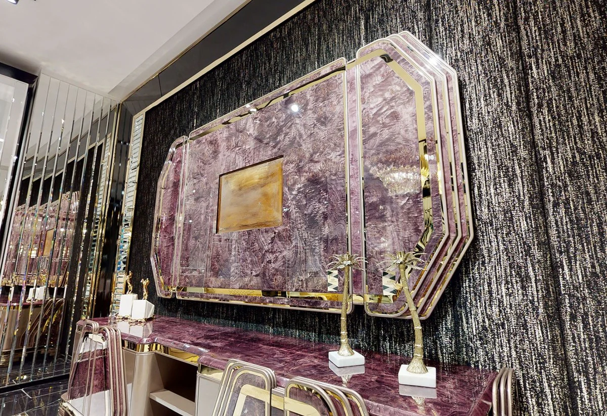 Casa Padrino armario de TV Art Deco de lujo púrpura / gris / oro - Magnífico aparador de salón con pared trasera de TV - Muebles de Salón Art Deco - Colección de Lujo