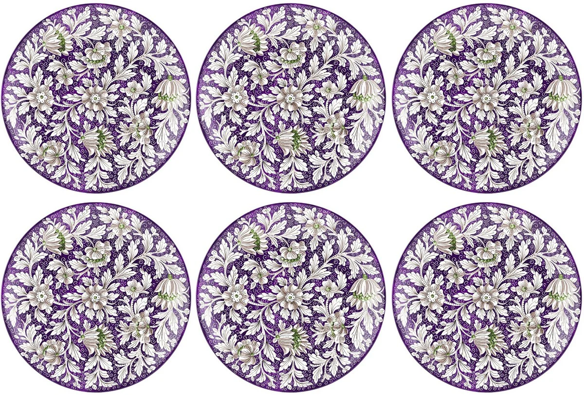 Casa Padrino conjunto de 6 platos de cer¨¢mica de lujo p¨²rpura / multicolor ? 40 cm - Platos llanos hechos y pintados a mano con dise?o floral - Accesorios hoteles y restaurantes - Hecho en Italia
