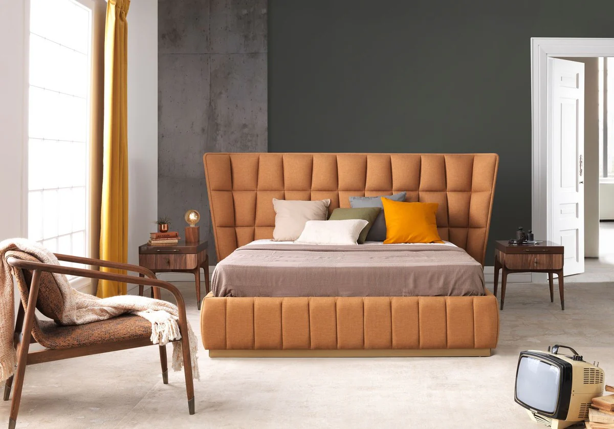 Casa Padrino Cama Doble de Lujo Marr¨®n Claro / Beige 247 x 214 x A. 126 cm - Cama de Madera Maciza - Muebles Dormitorio - Muebles Hotel - Muebles de Lujo - Interior de Lujo