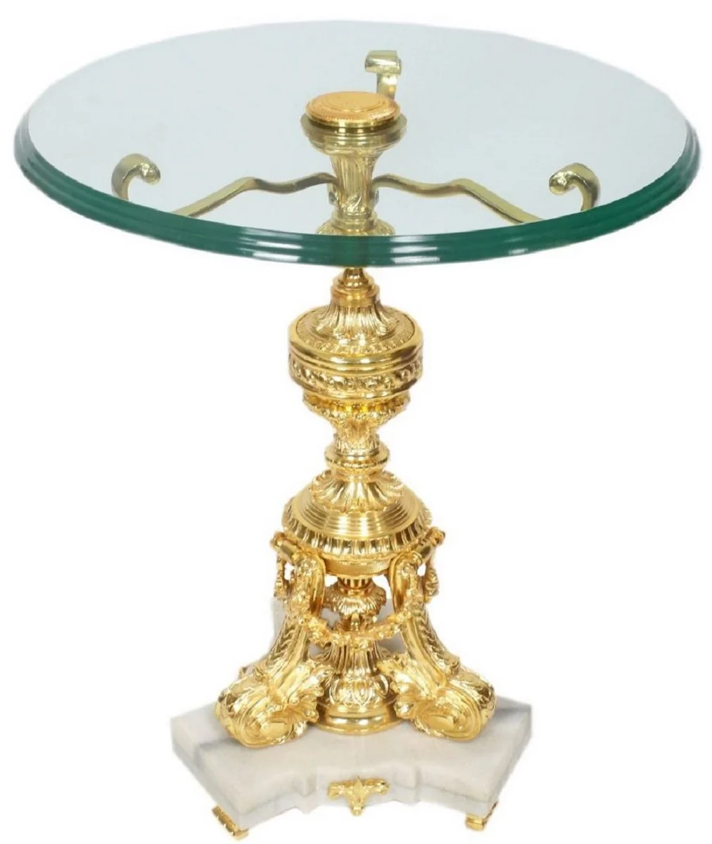 Casa Padrino mesa auxiliar barroco oro / blanco ? 53 x A. 67 cm - Mesa redonda de bronce dorado con sobre de vidrio y base de m¨¢rmol - Muebles de sal¨®n barrocos