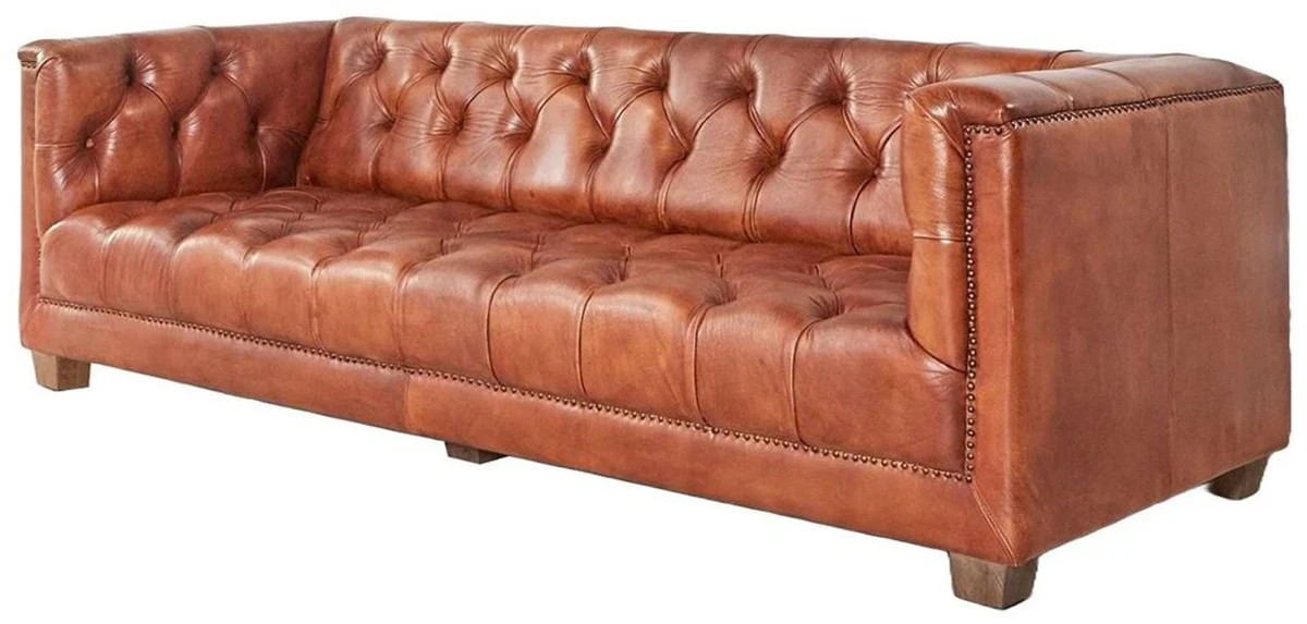 Casa Padrino sof¨¢ Chesterfield de lujo de cuero genuino marr¨®n 240 cm - Muebles de cuero genuino