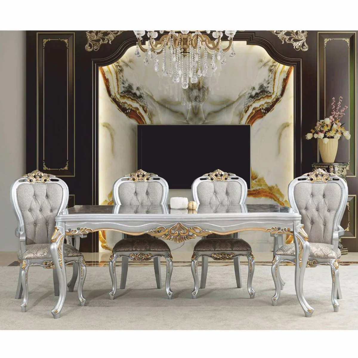 Casa Padrino Conjunto de Comedor Barroco de Lujo Gris / Plata / Oro - 1 Mesa de Comedor y 8 Sillas