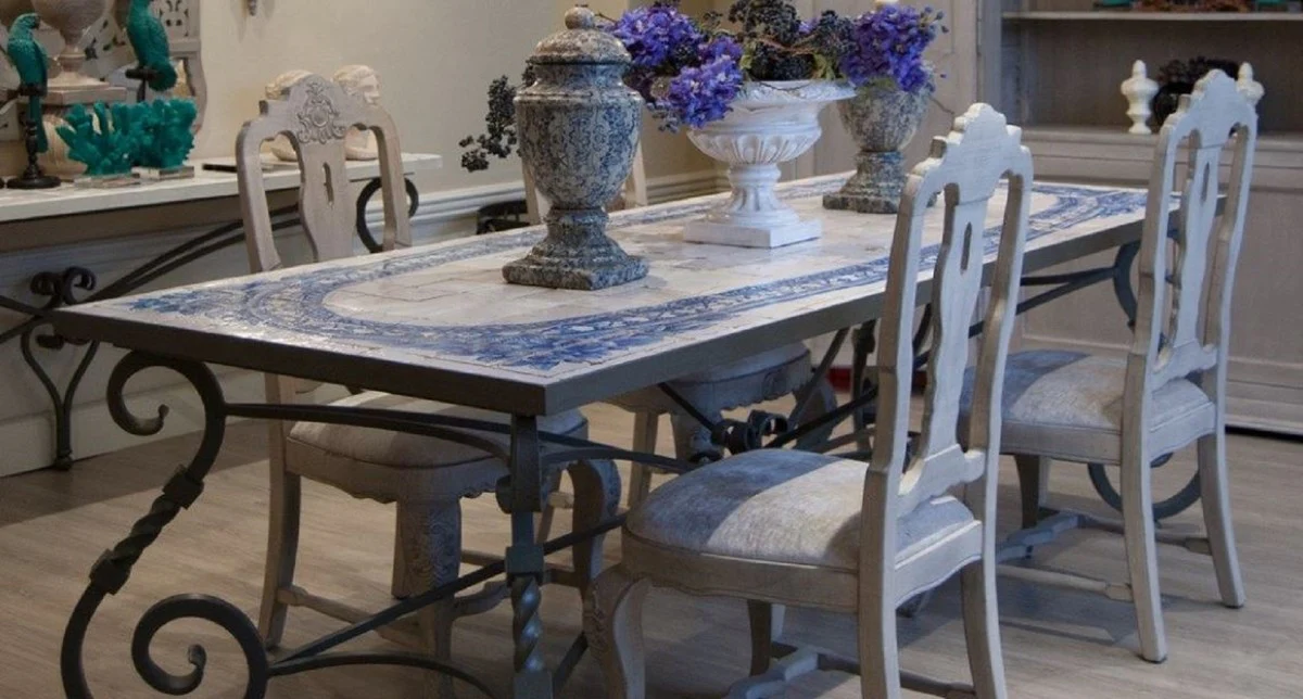 Casa Padrino mesa de comedor barroco de lujo - Mesa de cocina de hierro forjado con tablero de mosaico de piedra natural - Mesa de Jard¨ªn - Mesa de Terraza - Muebles de Jard¨ªn Patio Sala de Estar