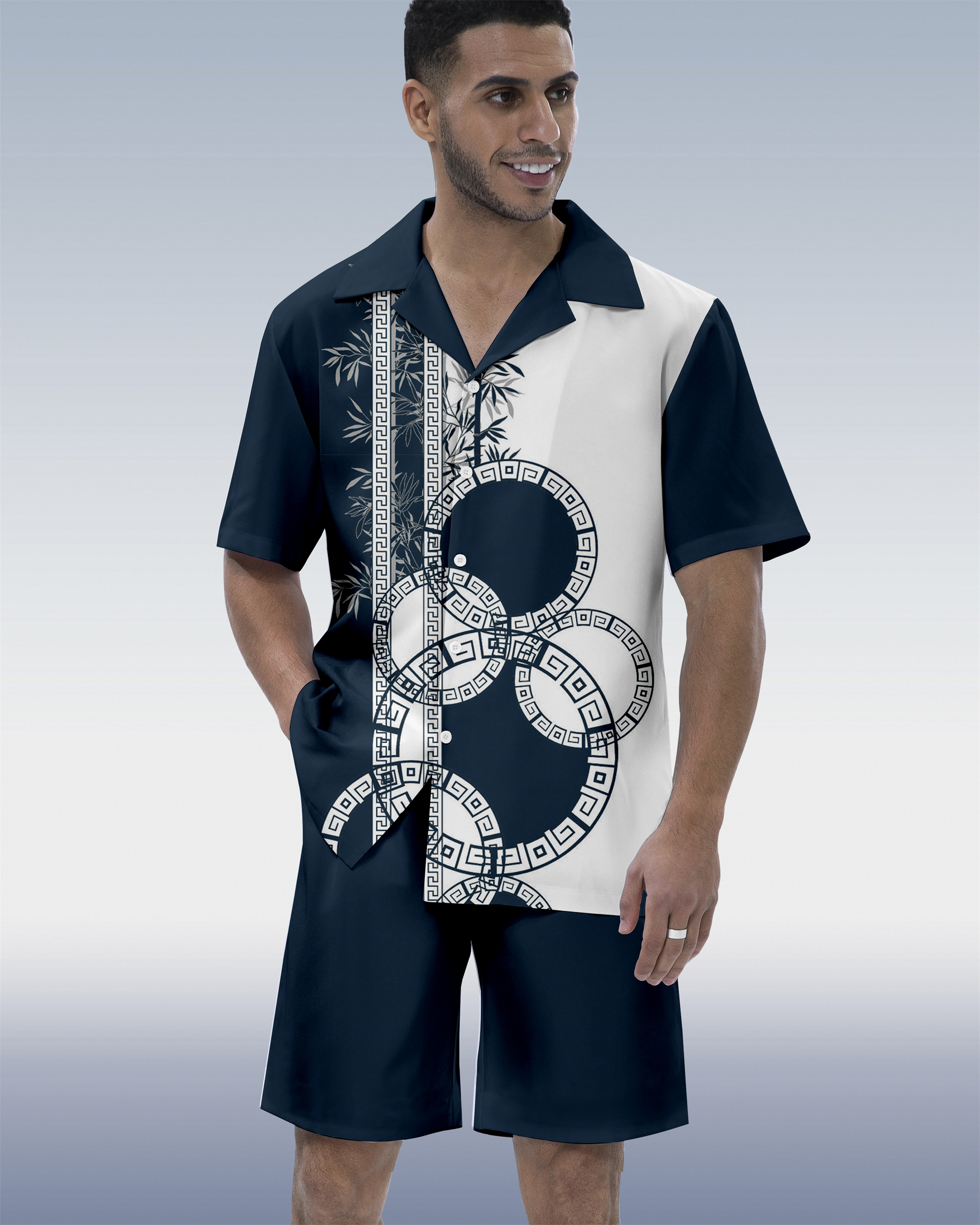 Men's Colorblock Geometric Hawaiian Cuban Collar Short Sleeve Shirt Set 06