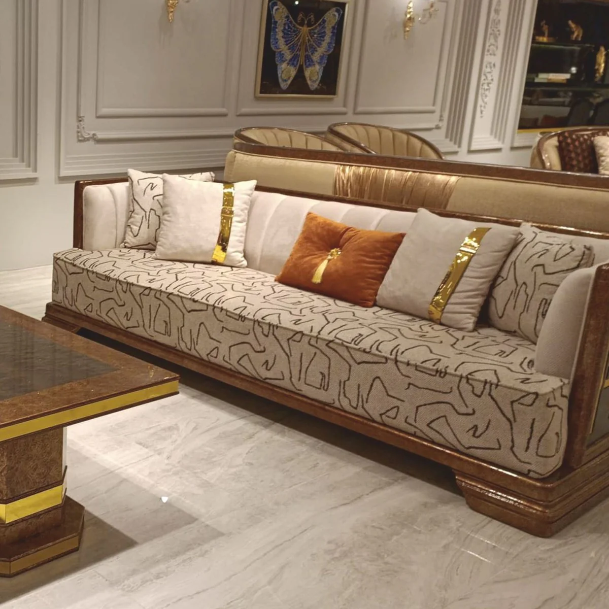 Casa Padrino Sof¨¢ Art Deco de Lujo Gris / Marr¨®n / Oro 238 cm - Muebles de Sal¨®n