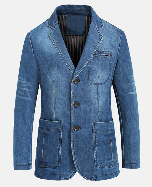 Solid Denim Lapel Neck Blazer