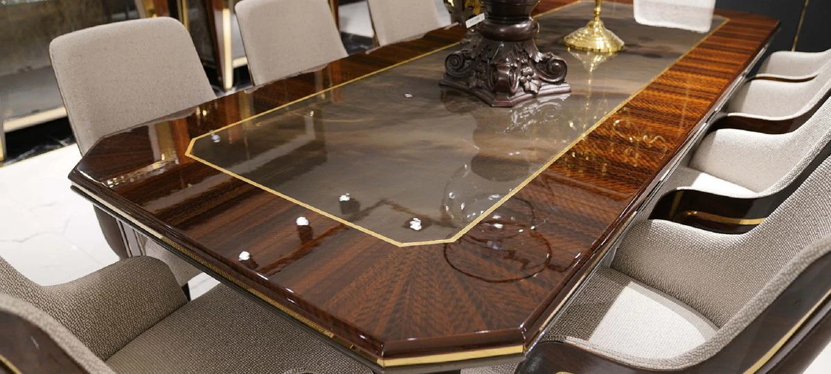 Casa Padrino Conjunto de Comedor de Lujo Gris / Marr¨®n / Oro - 1 Mesa de Comedor & 10 Sillas de Comedor - Muebles de Comedor de Lujo - Calidad de Lujo