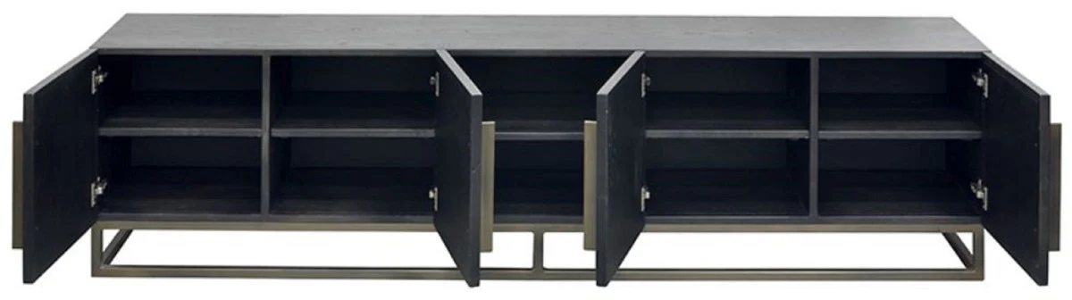 Casa Padrino gabinete de TV de madera maciza de lujo negro / latón 220 x 43 x A. 60 cm - Aparador de salón rústico de madera roble con 4 puertas - Muebles de salón rústicos madera maciza de lujo