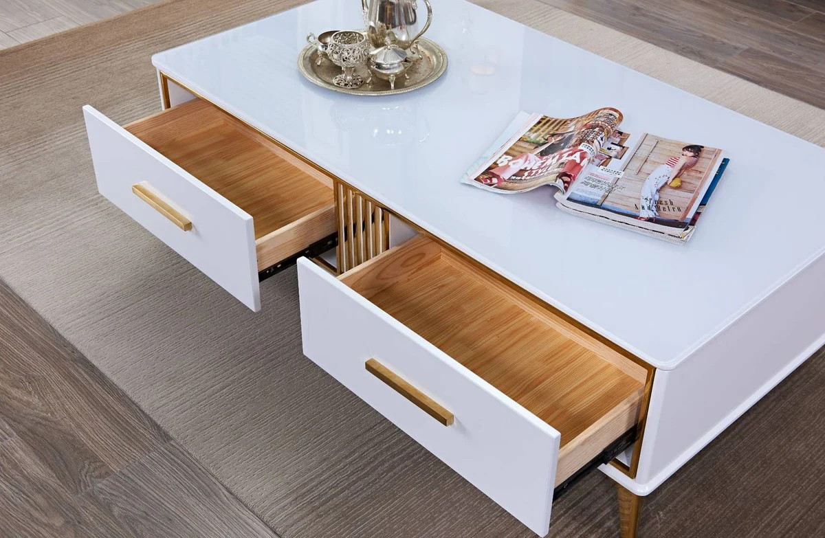 Casa Padrino mesa de centro de lujo blanco / oro 130 x 70 x A. 41 cm - Mesa de sal¨®n moderna con 2 cajones - Muebles de sal¨®n modernos