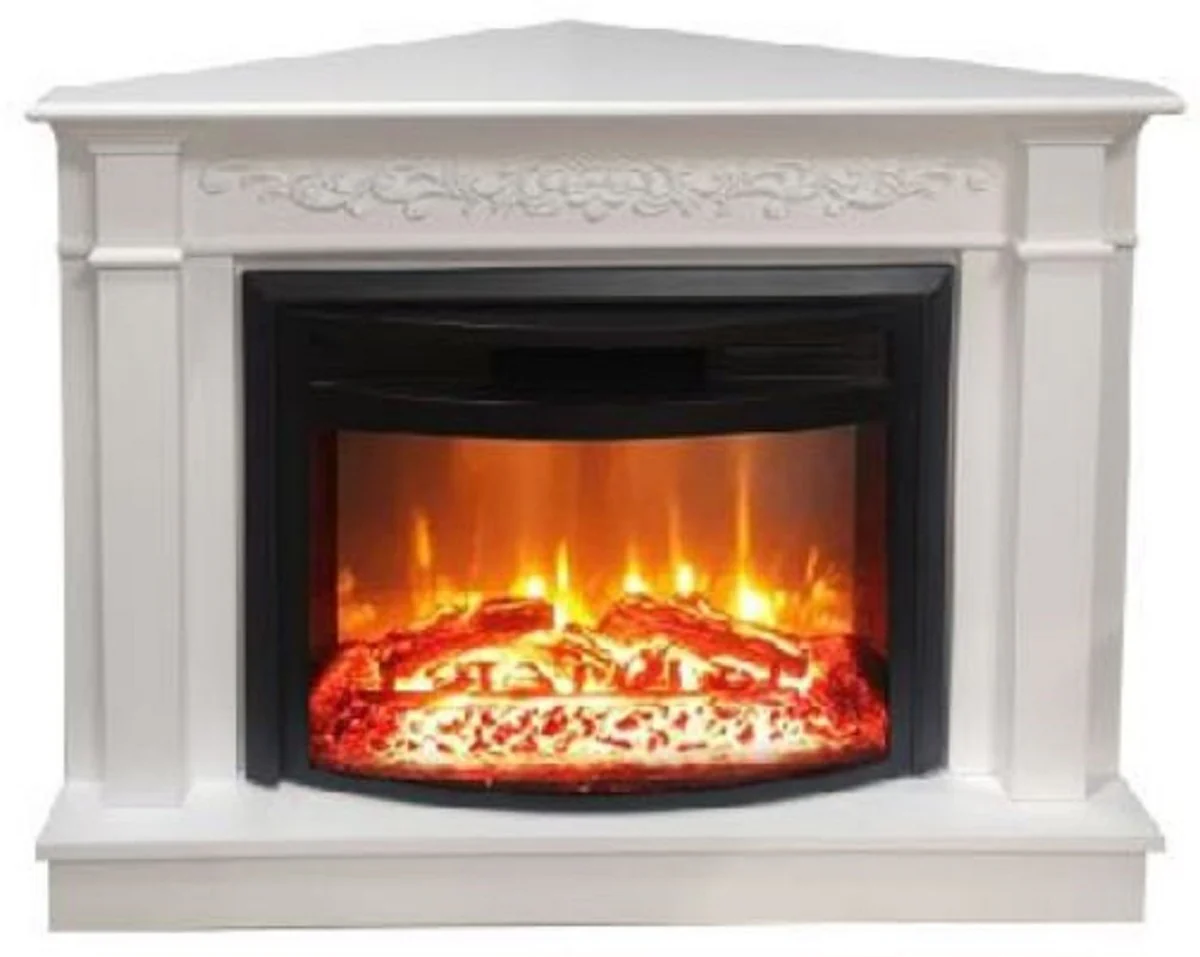 Casa Padrino chimenea de esquina el¨¦ctrica barroco blanco / negro 107 x 63 x A. 84 cm - Chimenea decorativa de sal¨®n con mando a distancia - Muebles de sal¨®n barroco - Chimeneas el¨¦ctricas barrocos