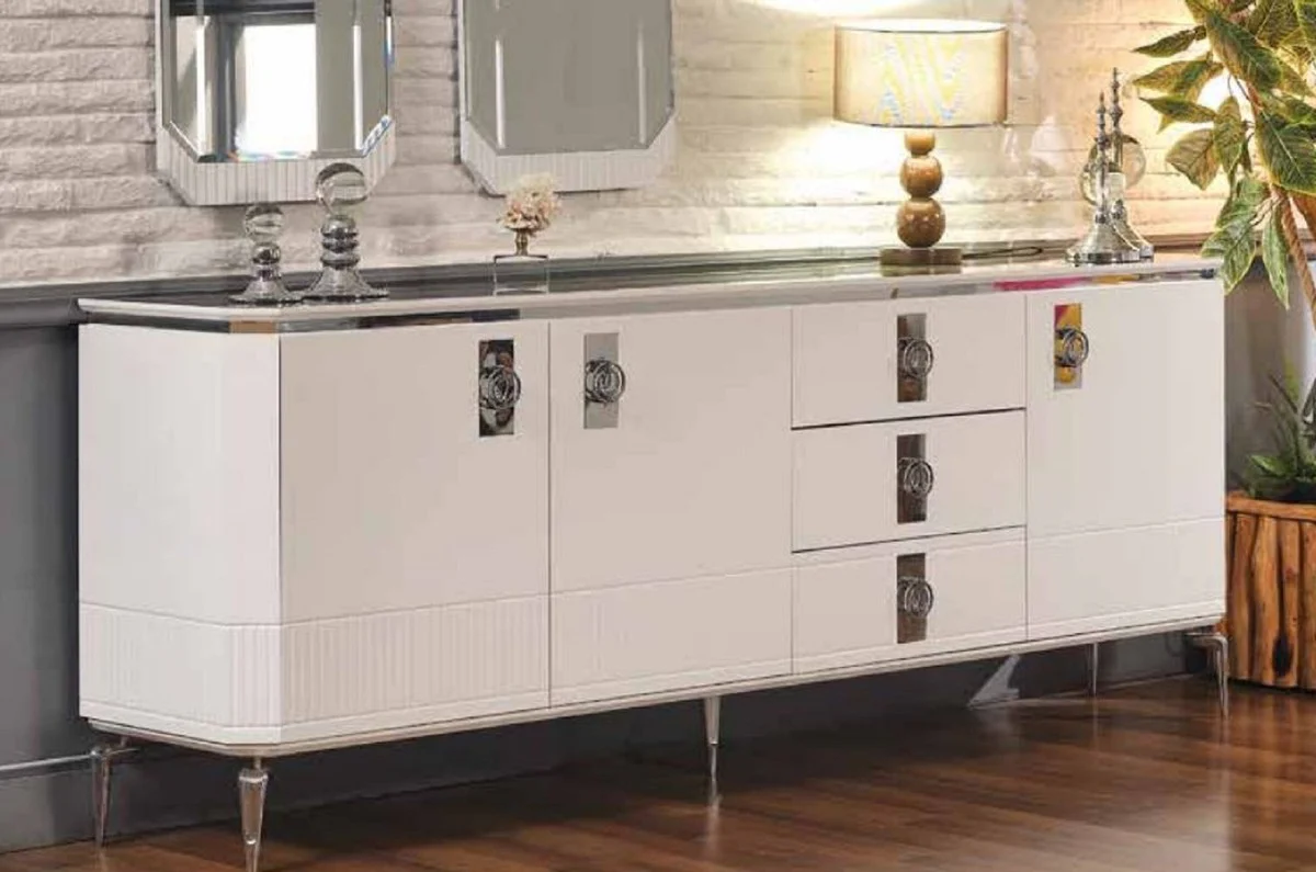 Casa Padrino aparador Art Deco de lujo blanco / plata 200 x 41 x A. 77 cm - Gabinete noble de madera maciza con 3 puertas y 3 cajones - Muebles Art Deco - Muebles de lujo