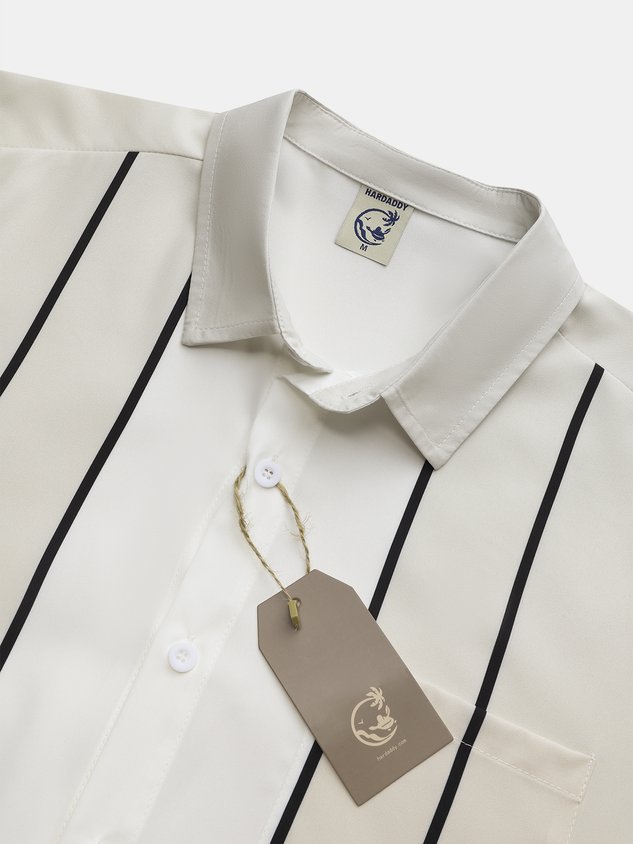 Mens Striped Front Buttons Soft Breathable Chest Pocket Casual Bowling Shirt