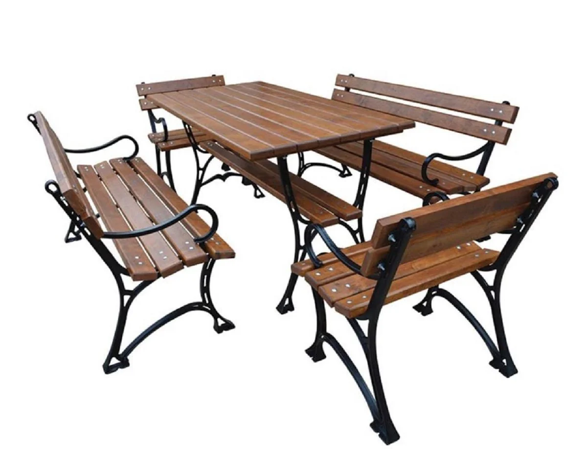 Casa Padrino Conjunto de Muebles de Jardín Art Nouveau Mesa 2 Bancos 2 Sillas con Reposabrazos Marrón / Negro 150 cm - Muebles de Jardín