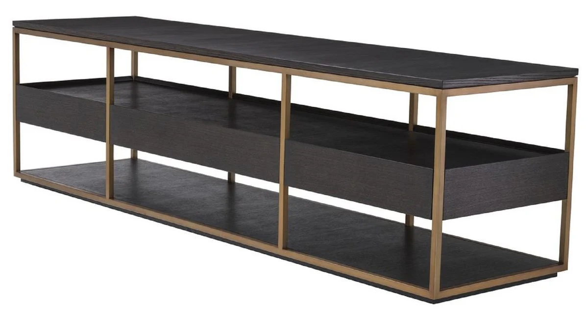 Casa Padrino gabinete de TV de lujo moca / latón 220 x 55 x A. 61 cm - Aparador de madera maciza con 3 cajones - Muebles de salón - Muebles de hotel - Colección de Lujo