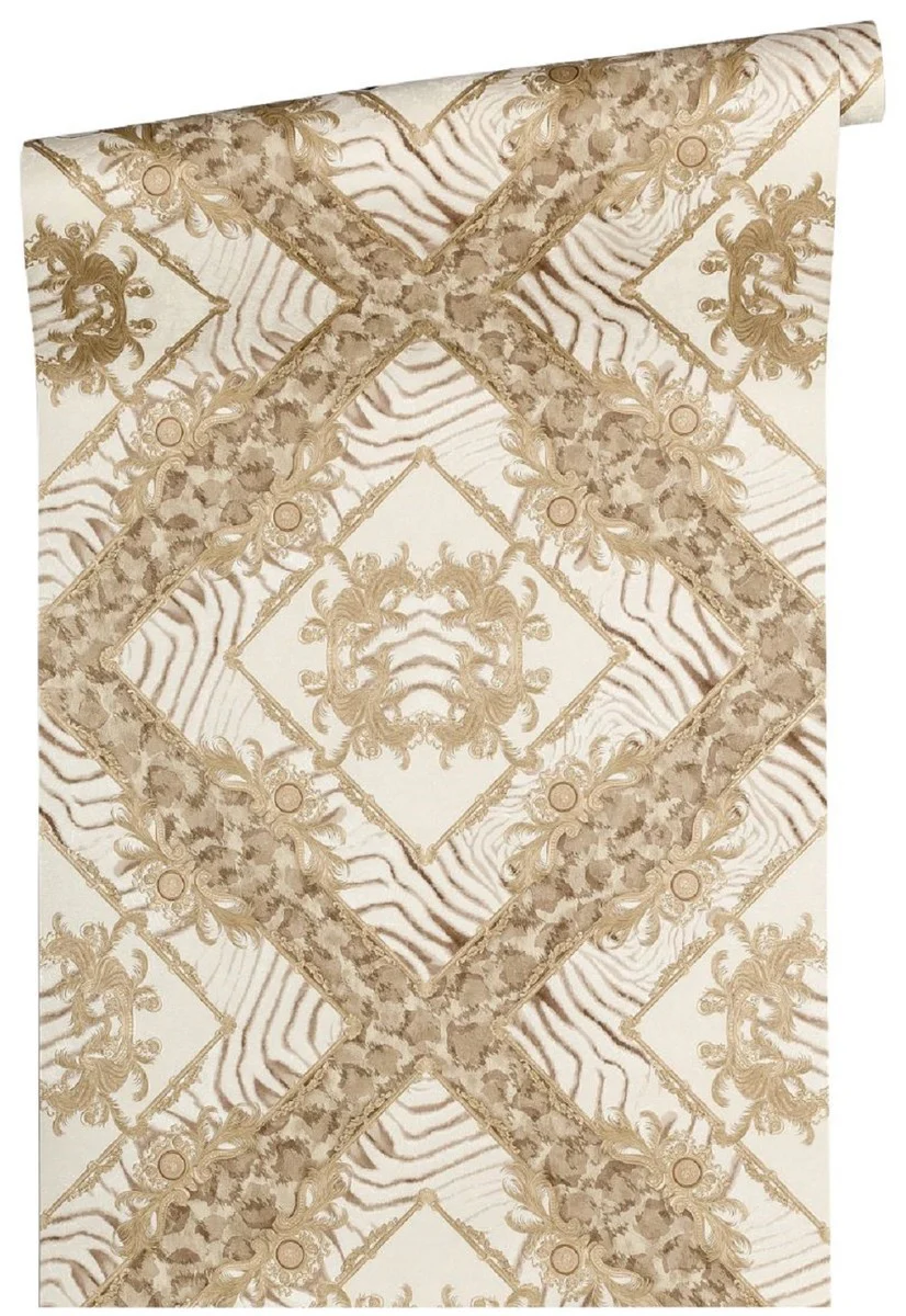 Papel pintado no tejido barroco diseñador Versace Vasmare 349041 crema / beige / marrón - Alta Calidad - Accesorios Decorativos