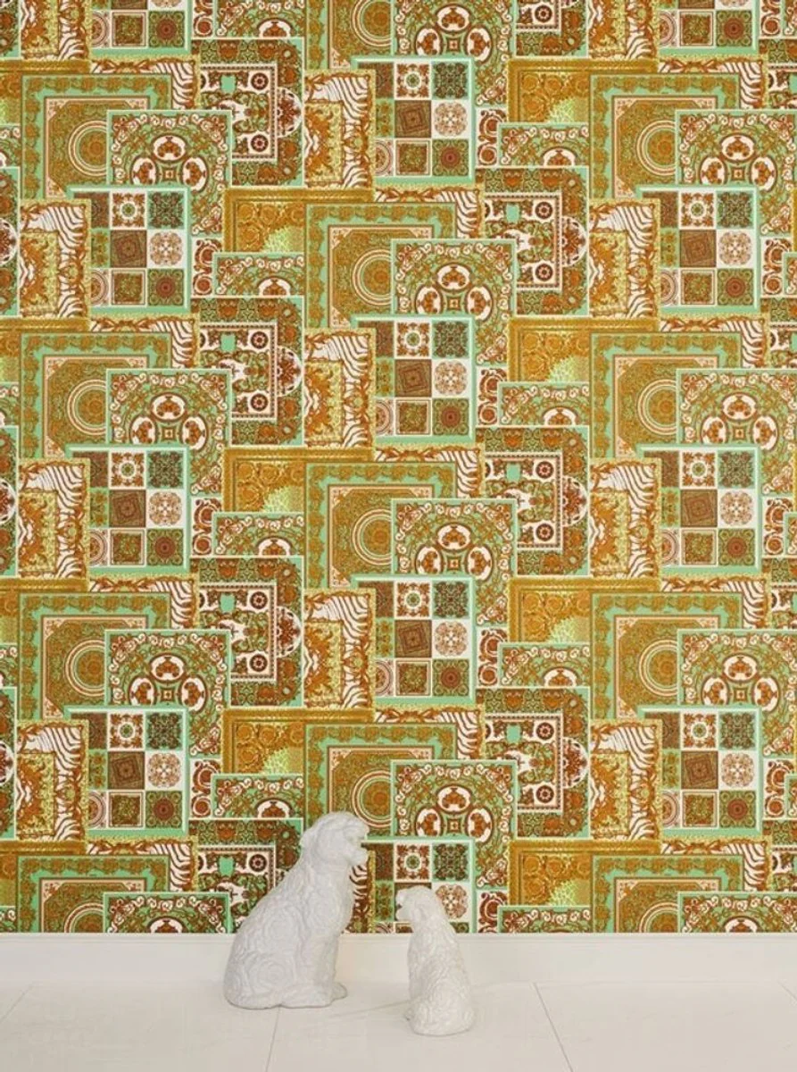 Papel Pintado no Tejido Barroco de Diseño Versace IV 37048-2 - Verde / Oro / Blanco - Papel Pintado de Diseño - Alta Calidad