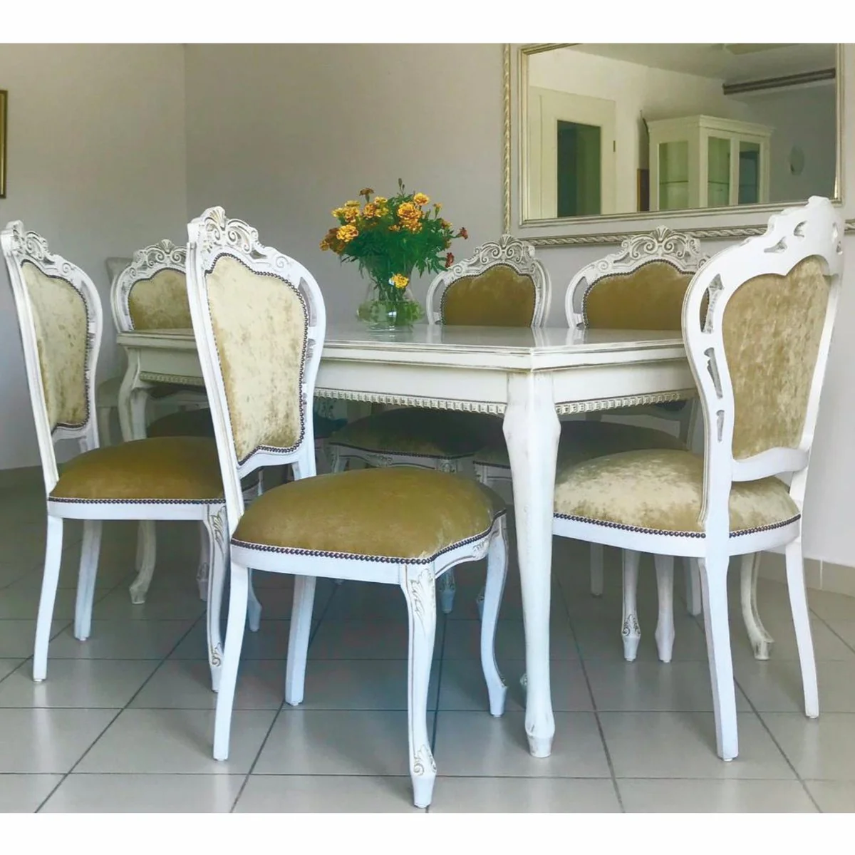 Casa Padrino Conjunto de Comedor Barroco de Lujo Oro / Blanco - 1 Mesa de Comedor y 6 Sillas
