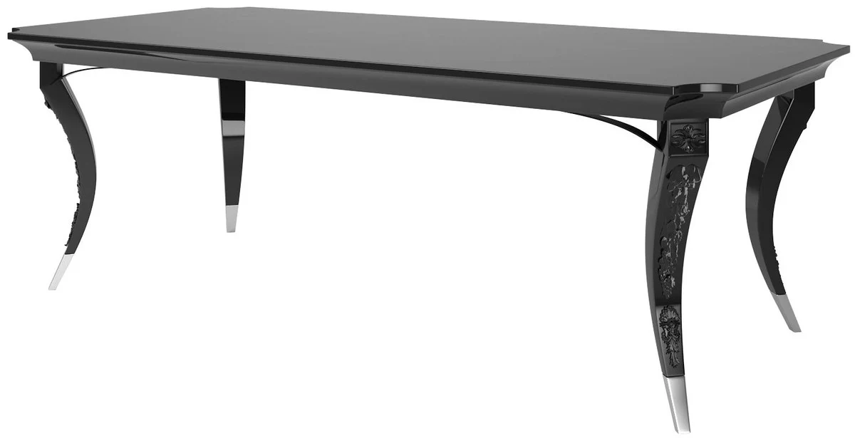 Casa Padrino mesa de comedor Art Deco de lujo negro / plata 220 x 110 x A. 77 cm - Mesa de comedor noble - Muebles de Comedor Art Deco