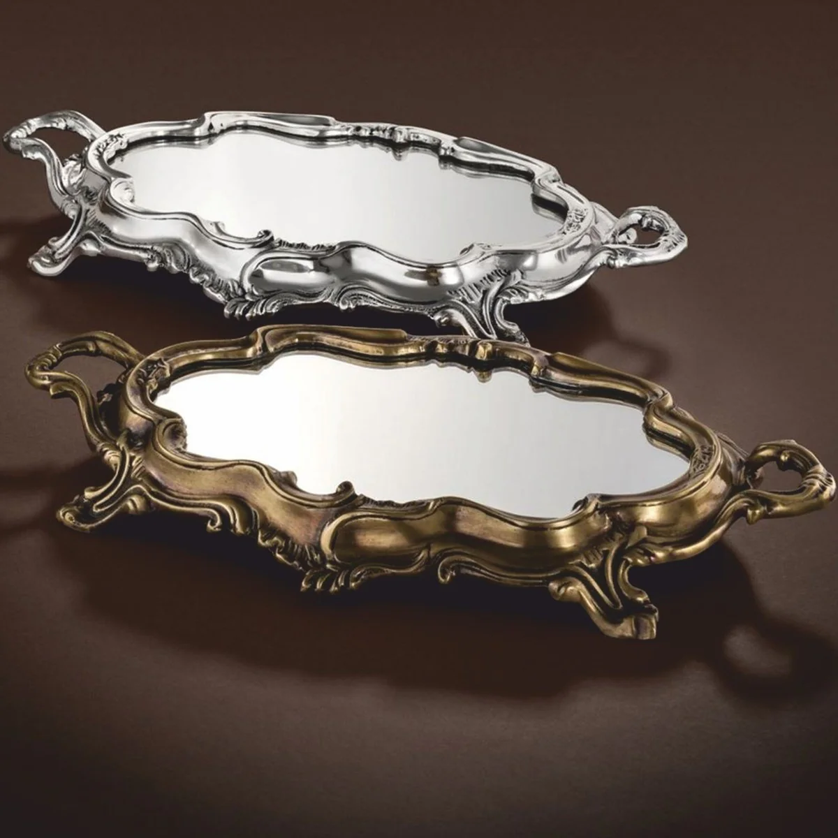 Casa Padrino bandeja barroco de lujo plata antigua 35,5 cm - Bandeja para servir estilo barroco con espejo