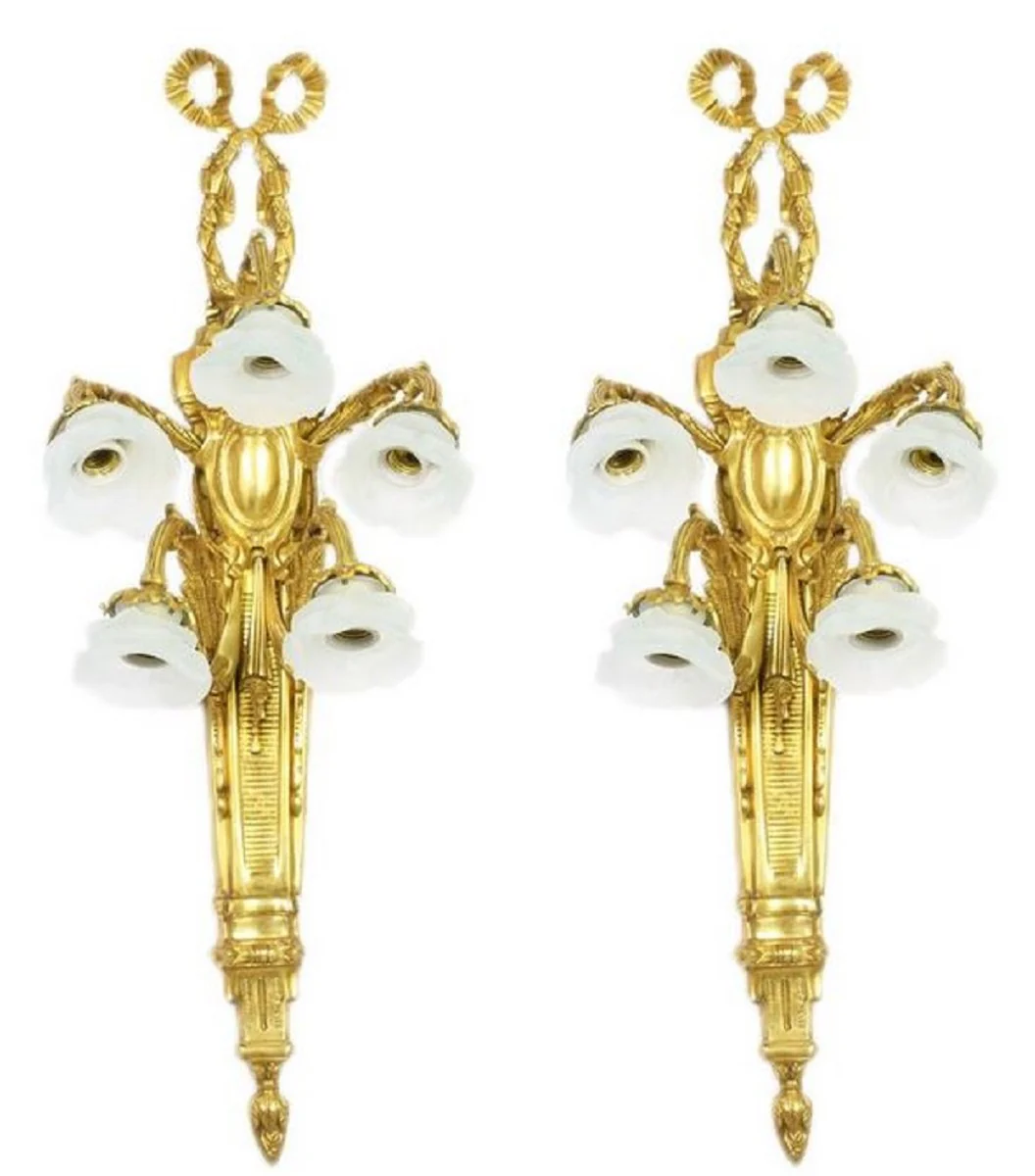 Casa Padrino conjunto de lámparas de pared barroco oro / blanco 35 x 25 x H. 95 cm - Suntuoso Lámparas de Bronce Dorado con Pantallas de Vidrio en Forma de Rosa