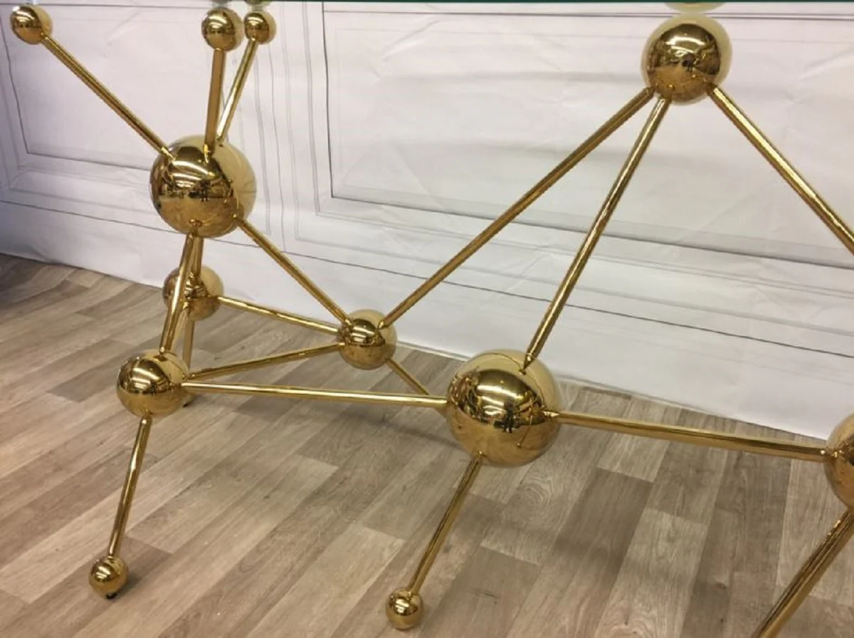 Casa Padrino escritorio de dise?o de lujo oro 160 x 75 x A. 77 cm - Mesa de oficina de metal con tapa de vidrio curvo - Mesa de ordenador - Muebles de oficina de dise?o de lujo